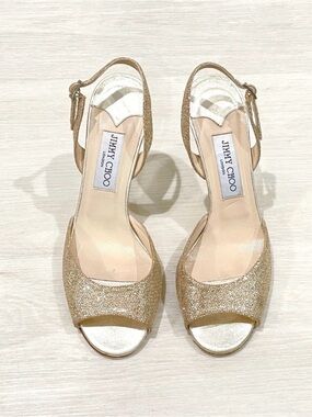 Jimmy Choo Glitter Gold Open-Toe Slingback Heels